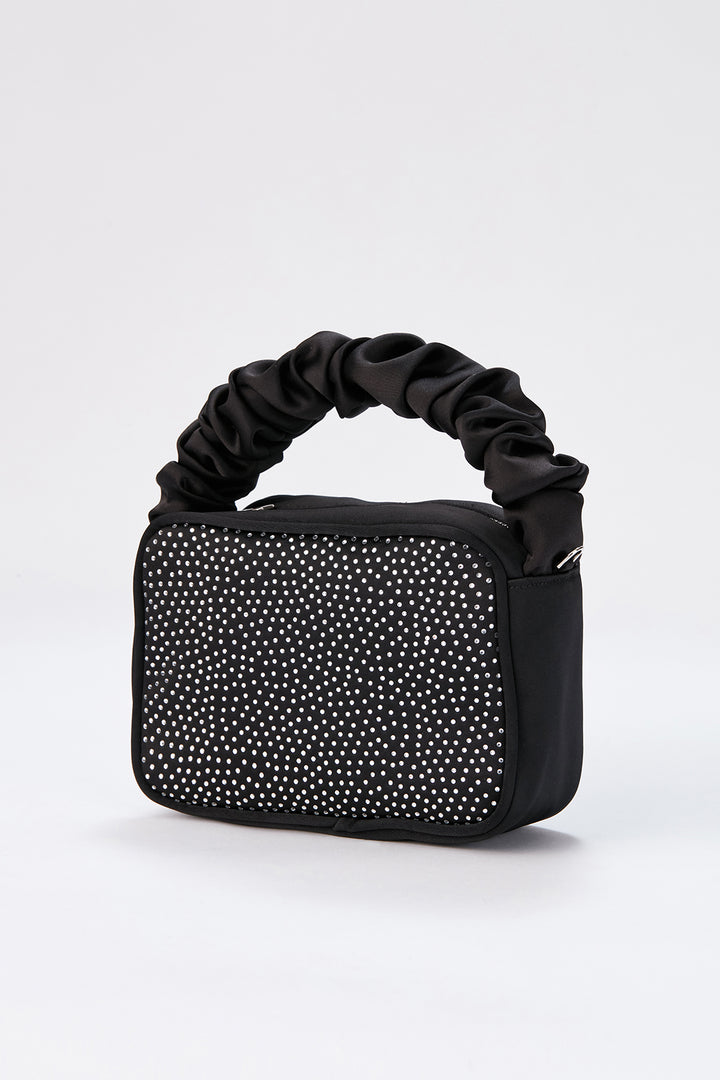 Diamente Evening Bag with Detachable Crossbody Strap - Black