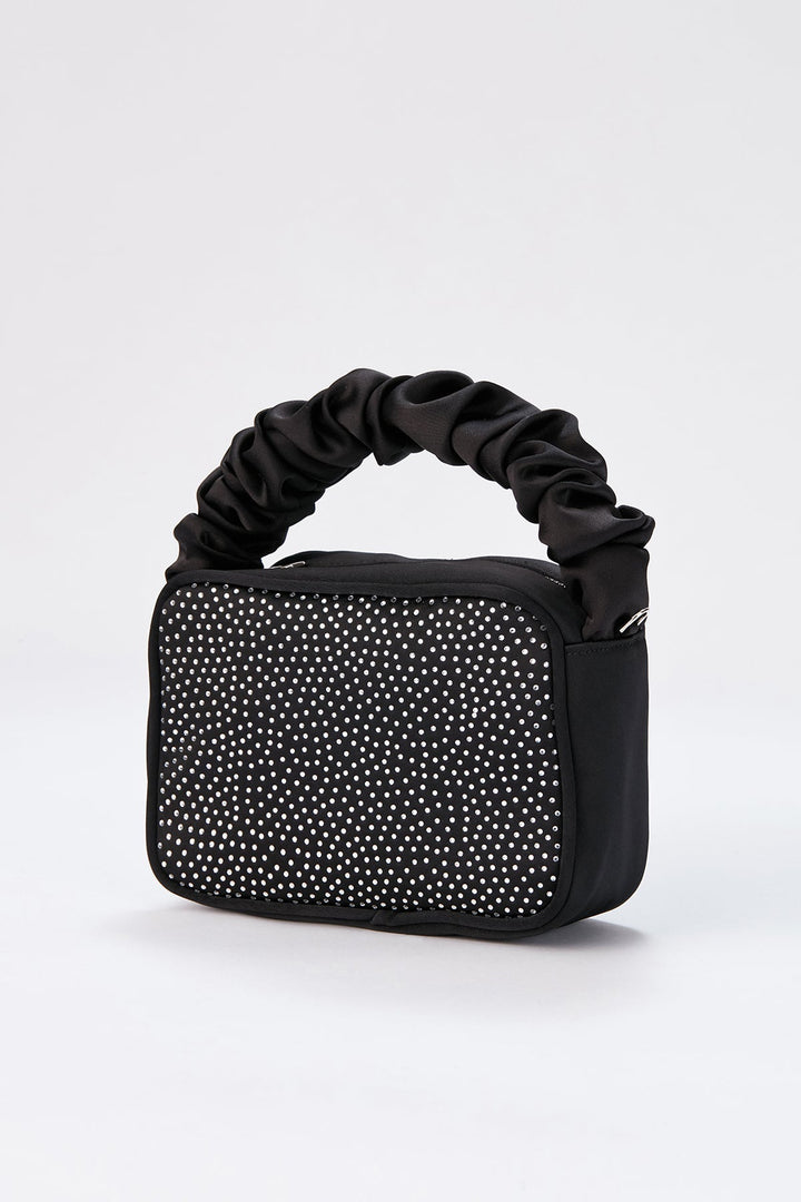 Diamente Evening Bag with Detachable Crossbody Strap - Black