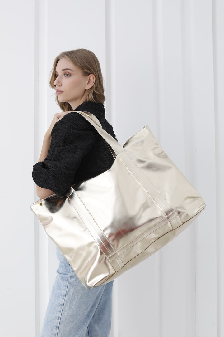 Metallic Finish Pu Leather Weekend Bag - Gold
