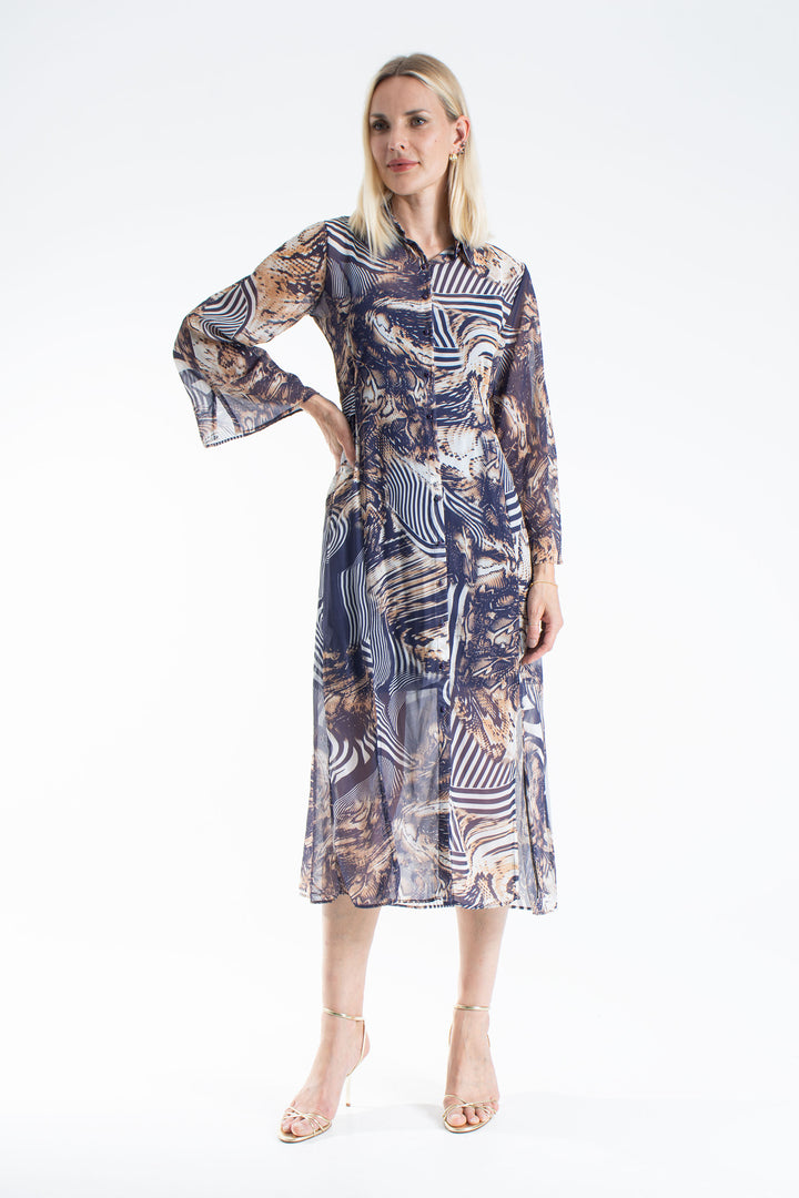 Womens Abstract Print Chiffon Midi Shirt Dress