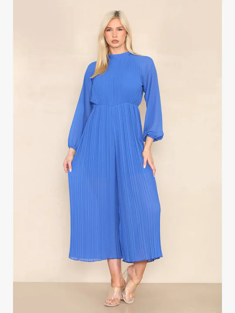 High Neck Pleated Jumpsuit with Open Bow Back - jqwholesale.com