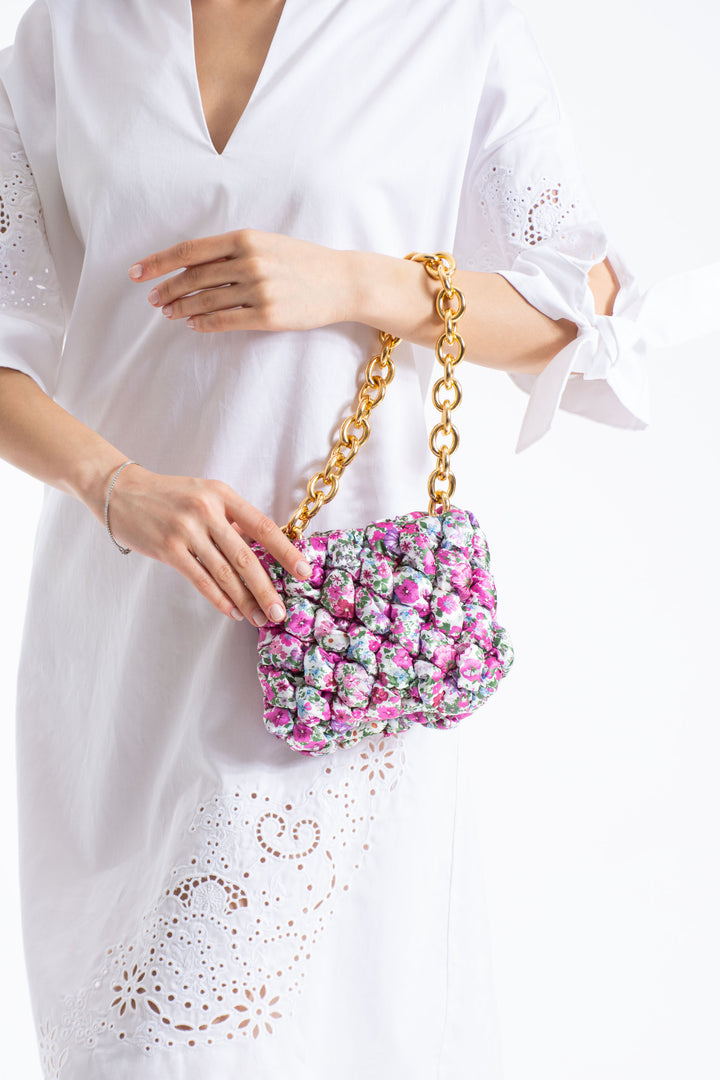 Floral Quilted Shoulder Grab  Bag with Gold Chain Strap - Multi