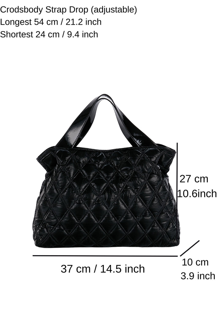 Quilted Tote Bag with Detachable Crossbody Strap - Black
