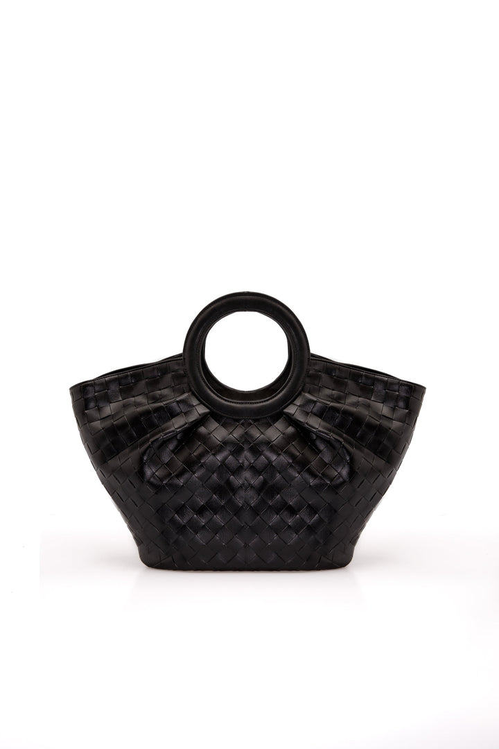 Textured Pu Leather Top Handle Tote Bag - Black