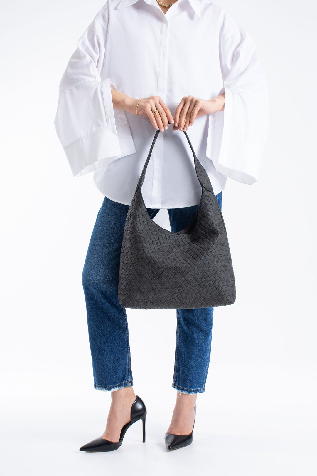 Woven Suede Slouchy Tote Bag with Matching Zipper Pouch 2PCS Set - Black