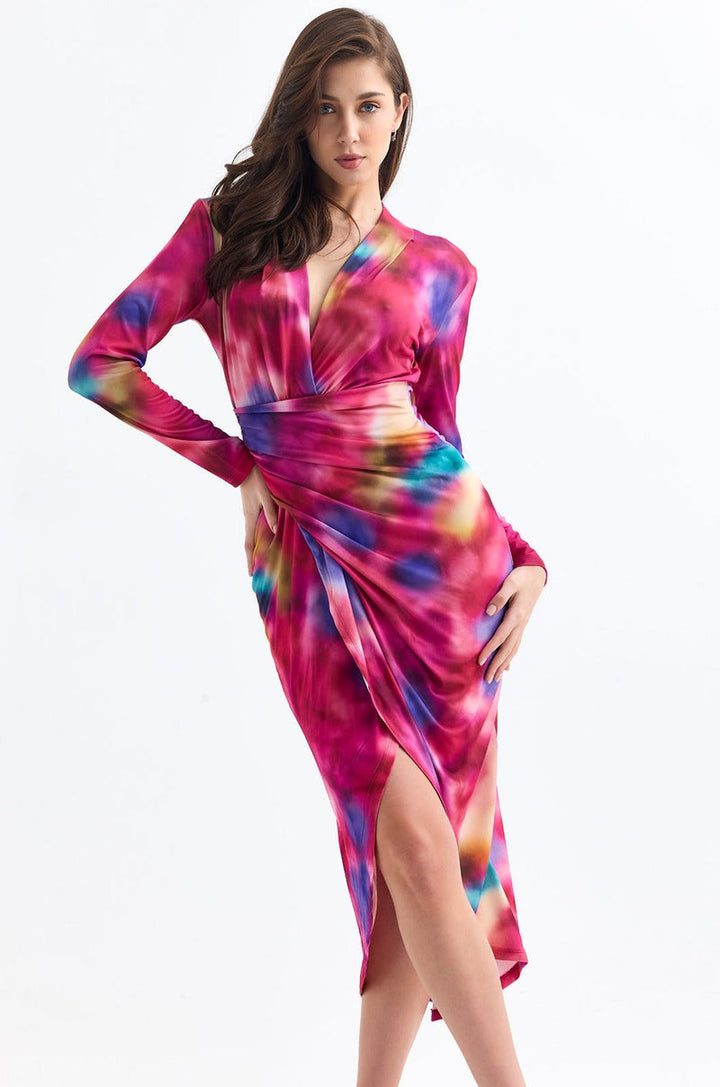 Forever Long Sleeve Wrap Midi Dress in Catch Pink - jqwholesale.com