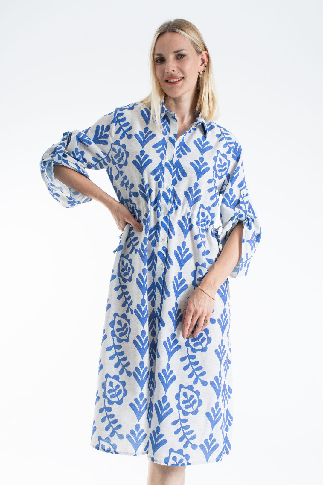 Women’s Linen Blend Leaf Print Midi Shirt Dress - Green