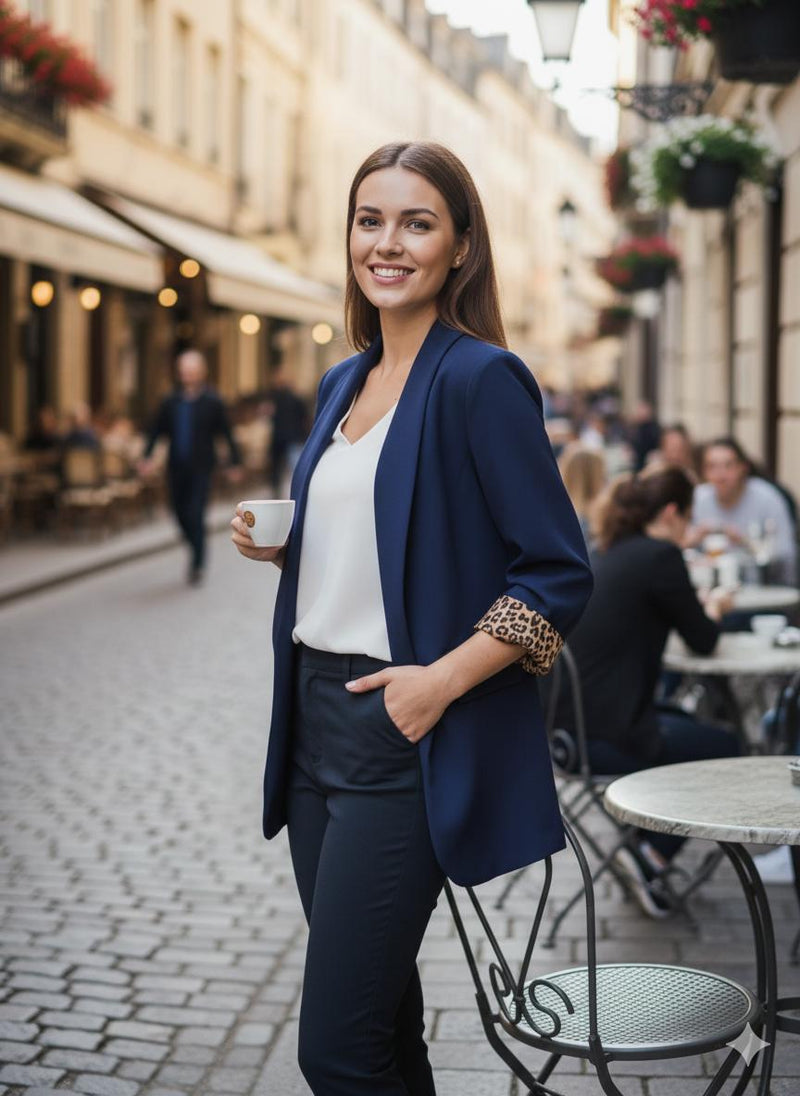 Leopard Trim Turn Up Sleeve Blazer - jqwholesale.com