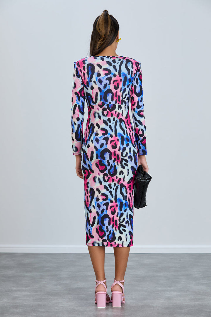 Leopard Print Twist Midi Dress with Long Sleeves - jqwholesale.com