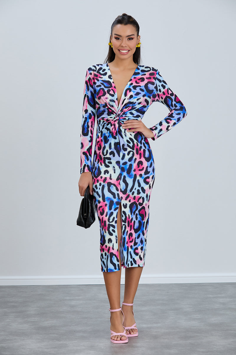 Leopard Print Twist Midi Dress with Long Sleeves - jqwholesale.com