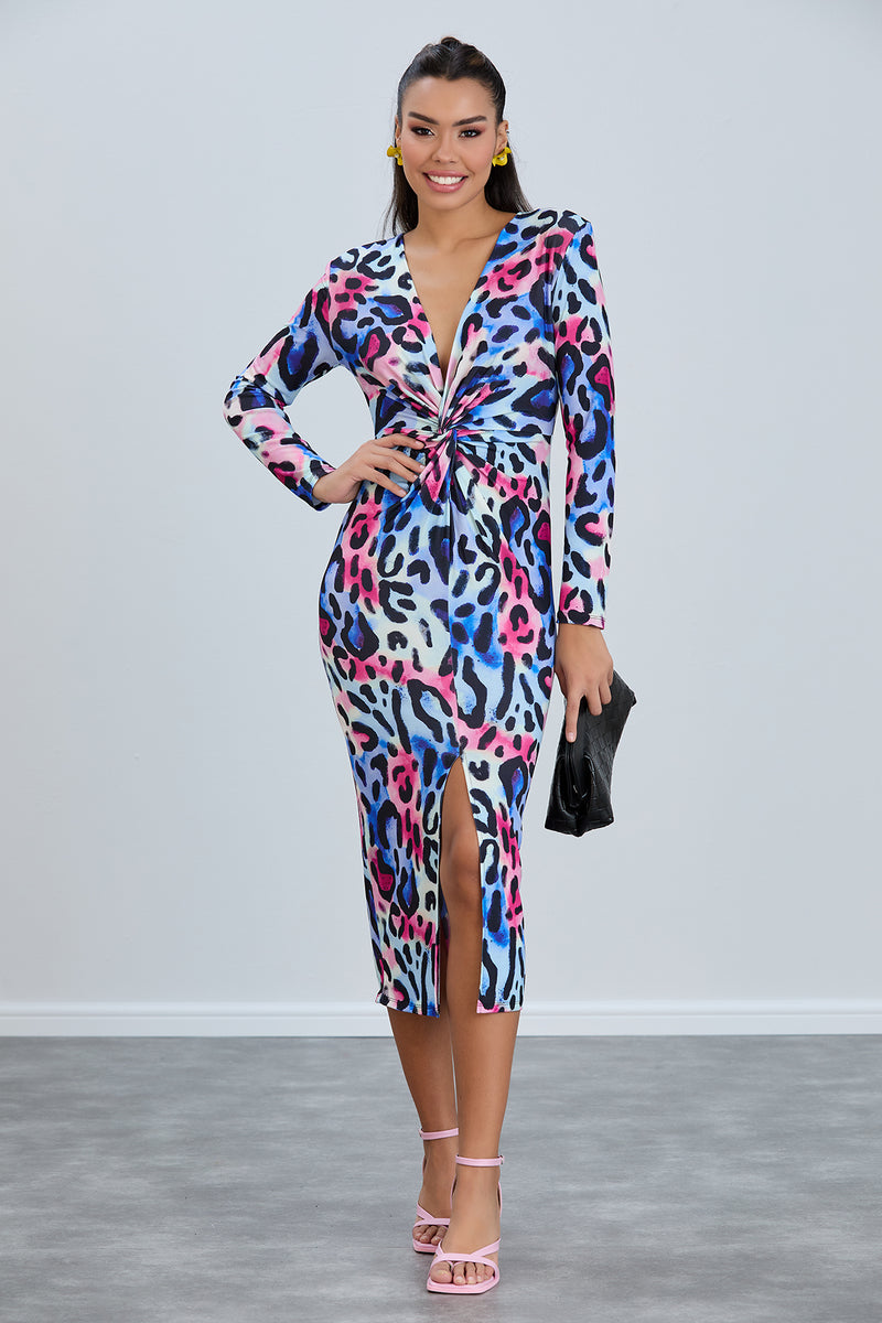 Leopard Print Twist Midi Dress with Long Sleeves - jqwholesale.com