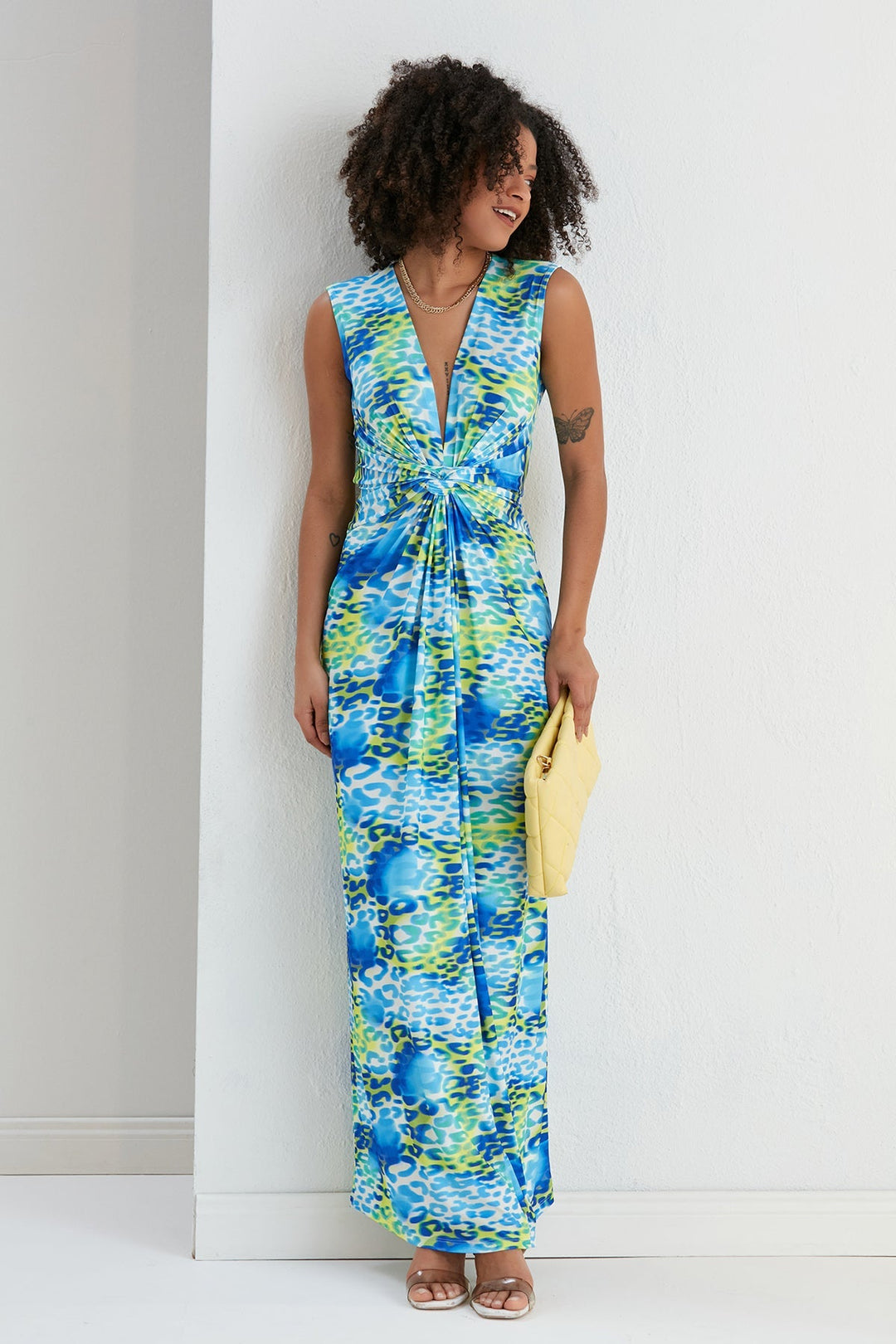 Ella Twist Maxi Dress in Blue Leopard Print - jqwholesale.com