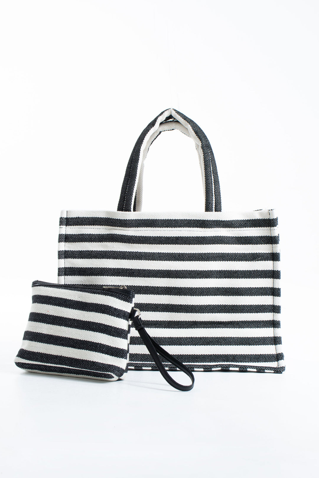 Striped Canvas Summer Tote Bag  with Matching Zipper Pouch 2 Pcs Set