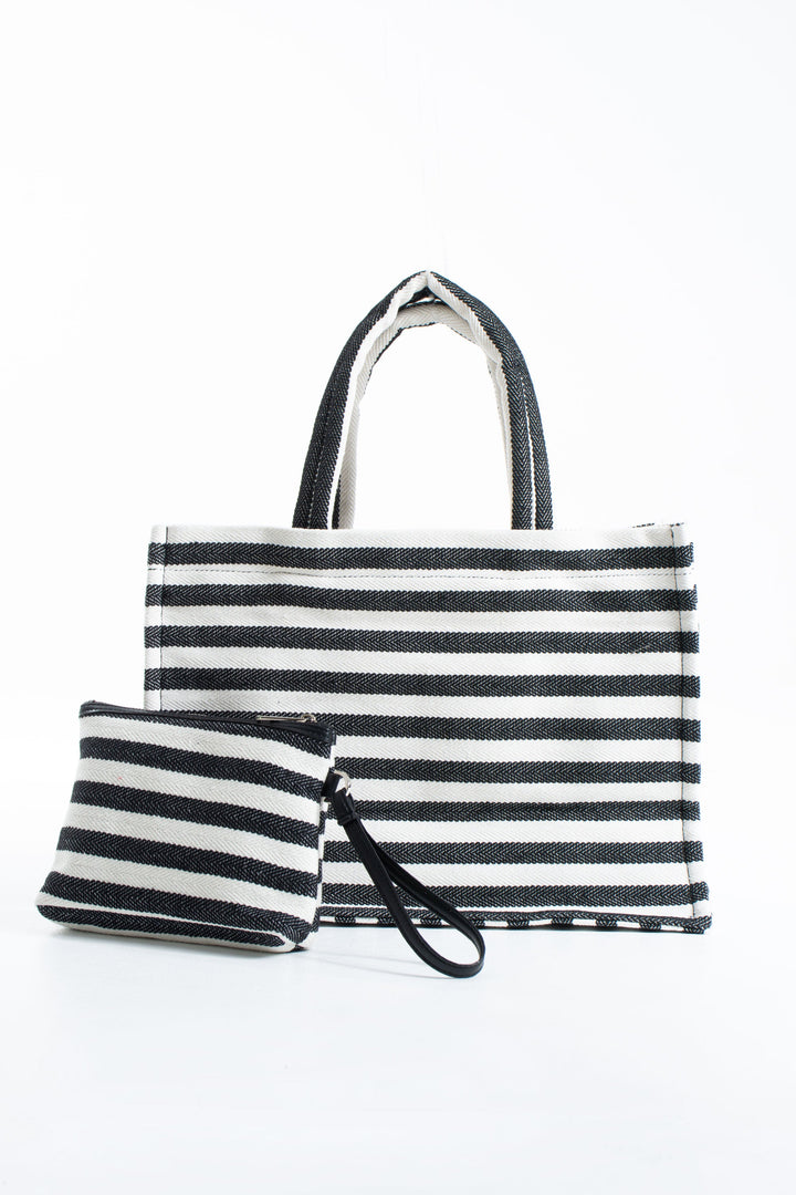 Striped Canvas Summer Tote Bag  with Matching Zipper Pouch 2 Pcs Set