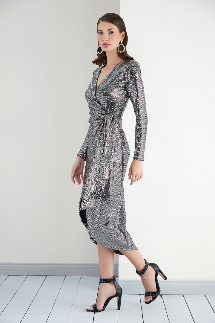 Silver Sequin Elegance Wrap Dress - jqwholesale.com