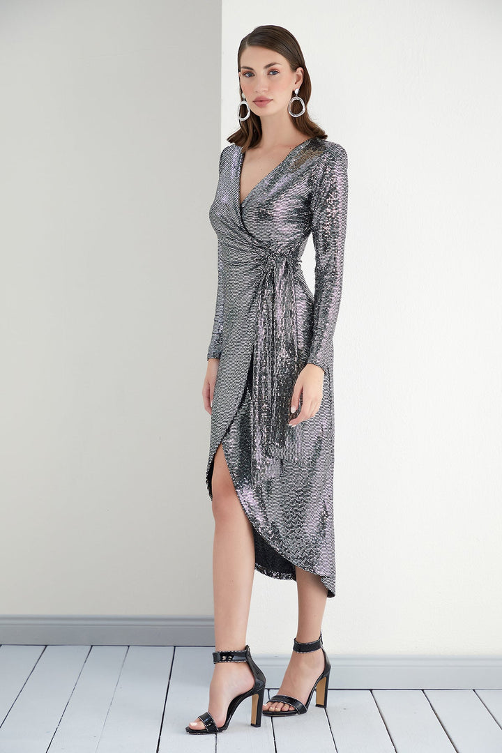 Silver Sequin Elegance Wrap Dress - jqwholesale.com