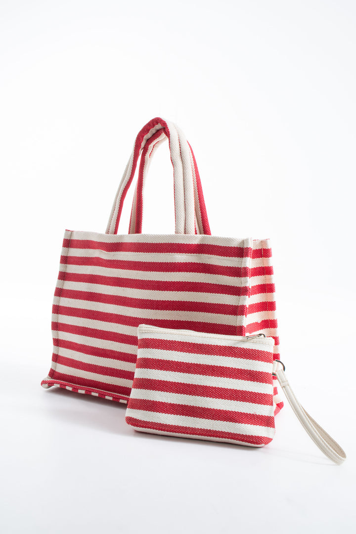 Striped Canvas Summer Tote Bag  with Matching Zipper Pouch 2 Pcs Set - Red