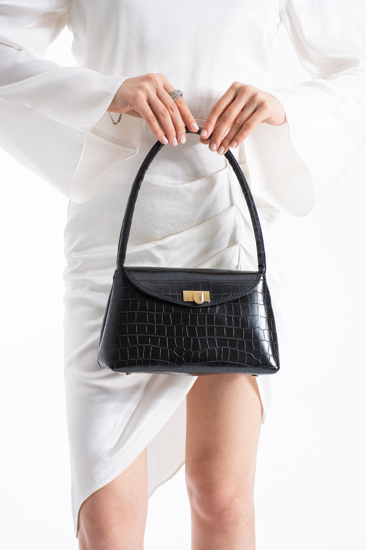 Croc Pu Flap Shoulder Bag - Black