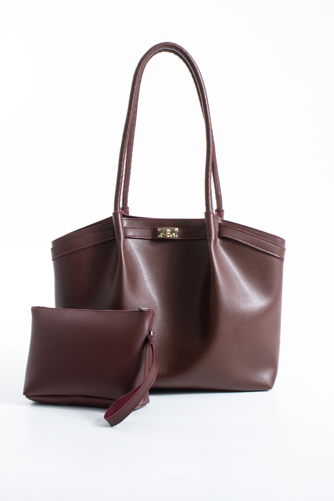 Large PU Leather Shopper Tote Bag with Matching Pouch - Burgundy