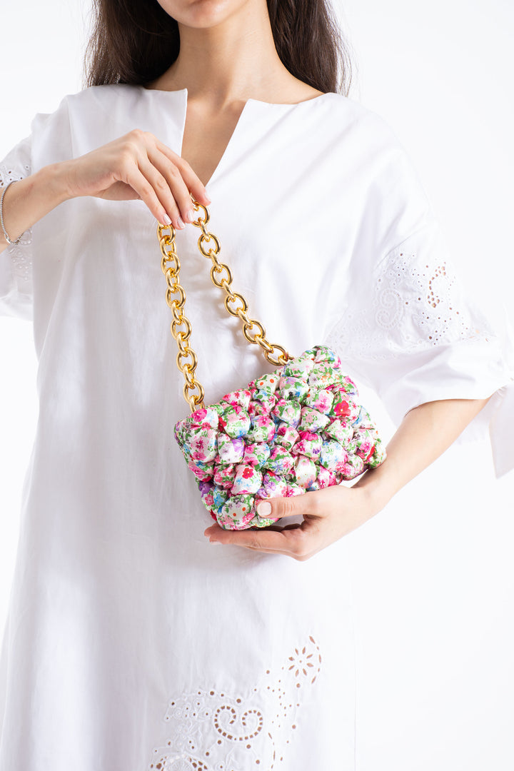 Floral Quilted Shoulder Grab  Bag with Gold Chain Strap - Multi