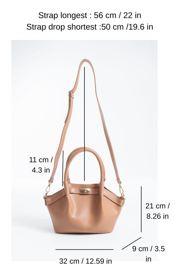 Pu Leather Top Handle Crossbody Bag with Twist Lock Detail - Nude