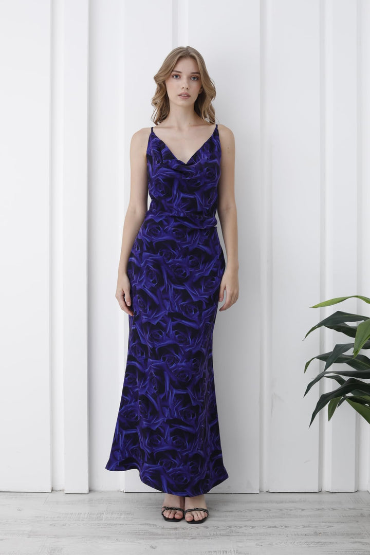 Women’s Abstract Rose Print Maxi Dress - Purple