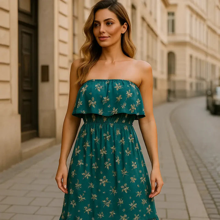 Floral Print Cotton Bandeu Dress - jqwholesale.com