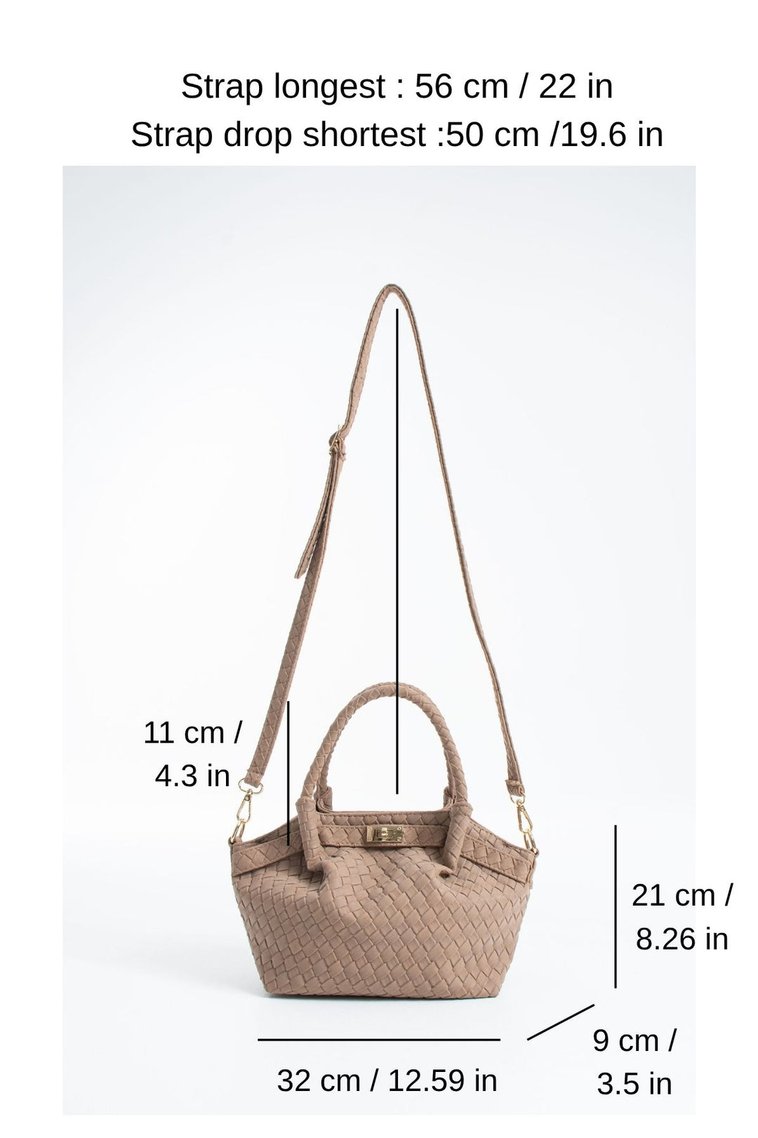 Woven Suede Top Handle Crossbody Bag with Twist Lock Detail - Beige