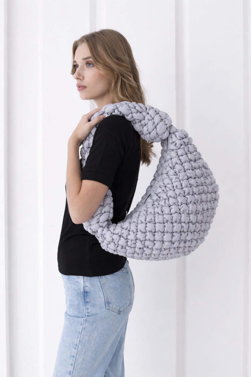 Puffy Quilted Lightweight Large Shoulder Bag - Grey
