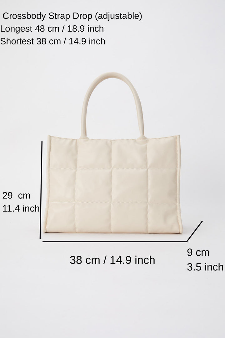 Quilted Pu Leather Tote Bag with Detachable Strap - Cream