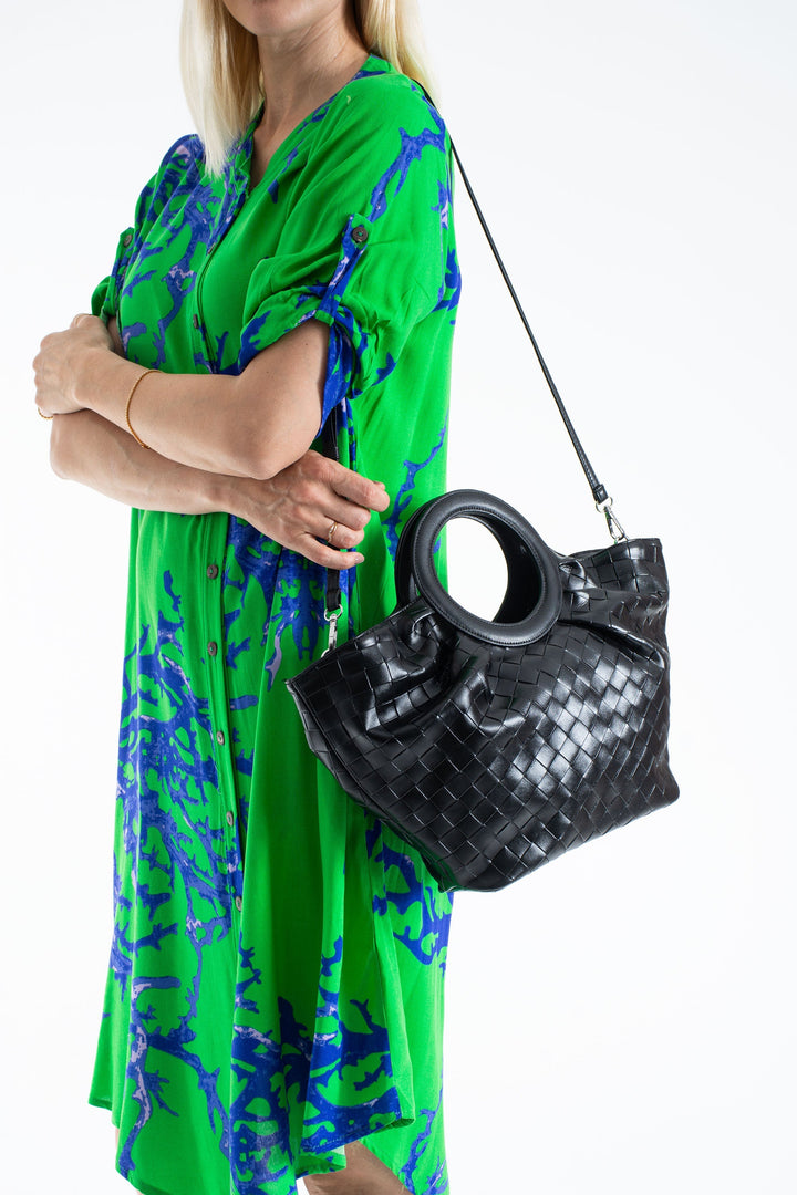 Textured Pu Leather Top Handle Tote Bag - Black