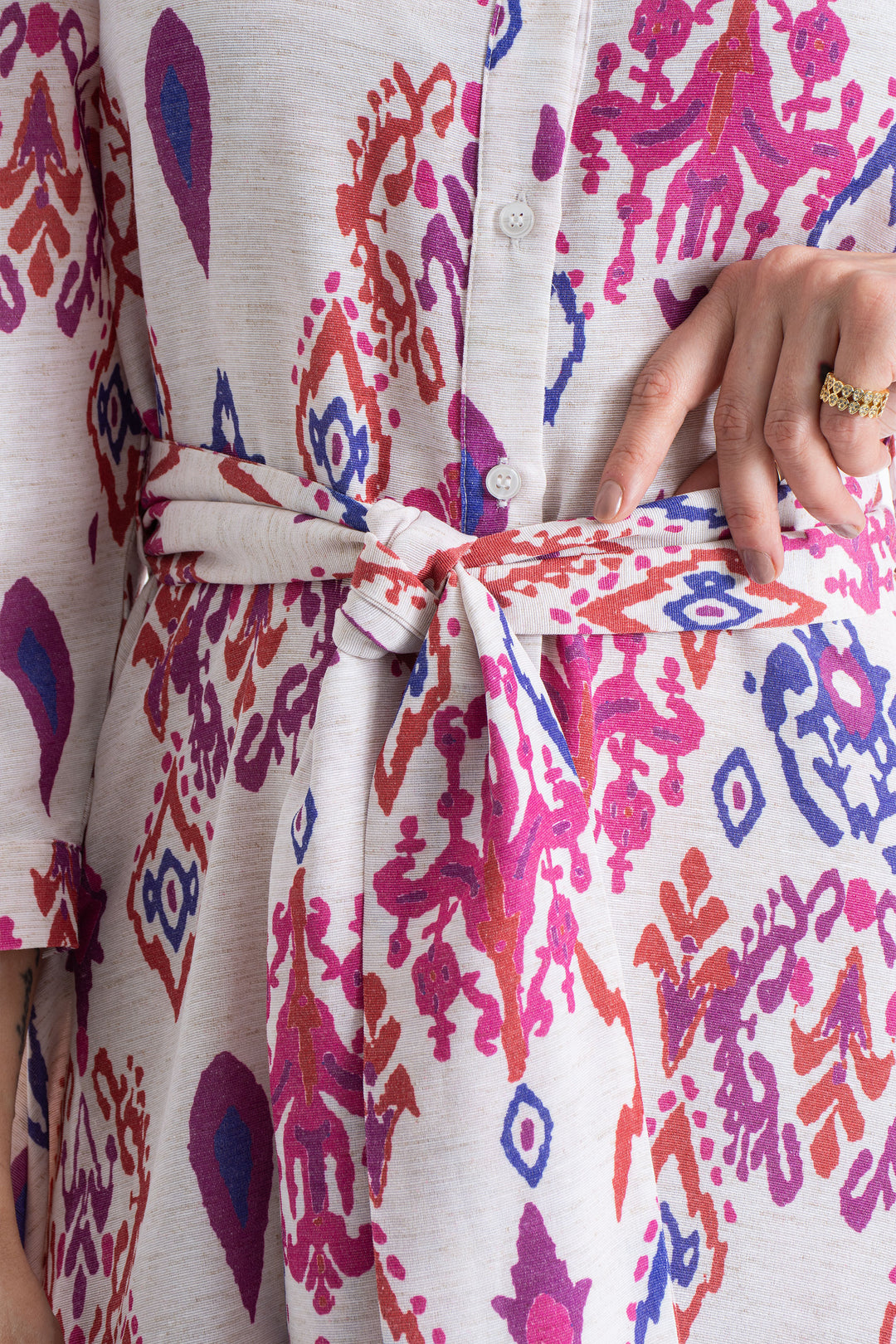 Women’s Linen Blend Ornamental Print Midi Shirt Dress - Lilac