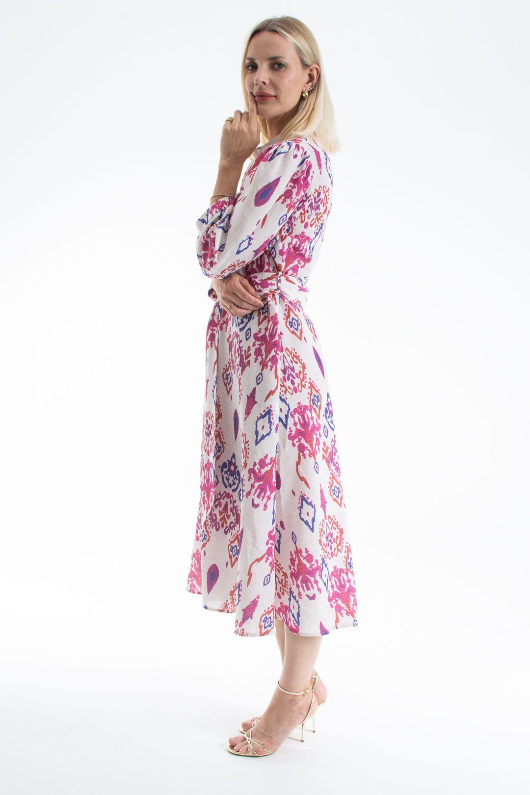 Women’s Linen Blend Ornamental Print Midi Shirt Dress - Lilac