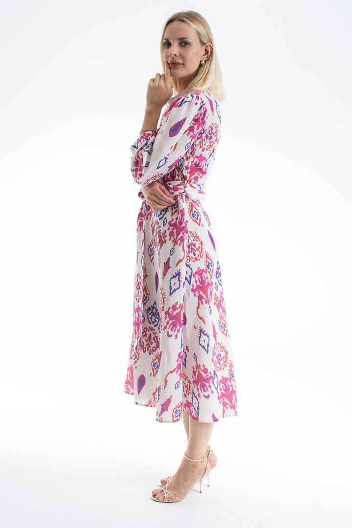 Women’s Linen Blend Ornamental Print Midi Shirt Dress - Lilac