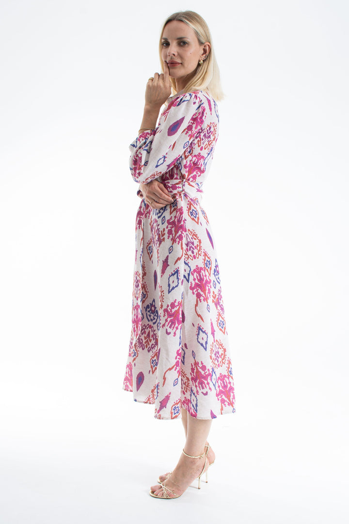 Linen Ornamental Print Midi Shirt Dress - Lilac