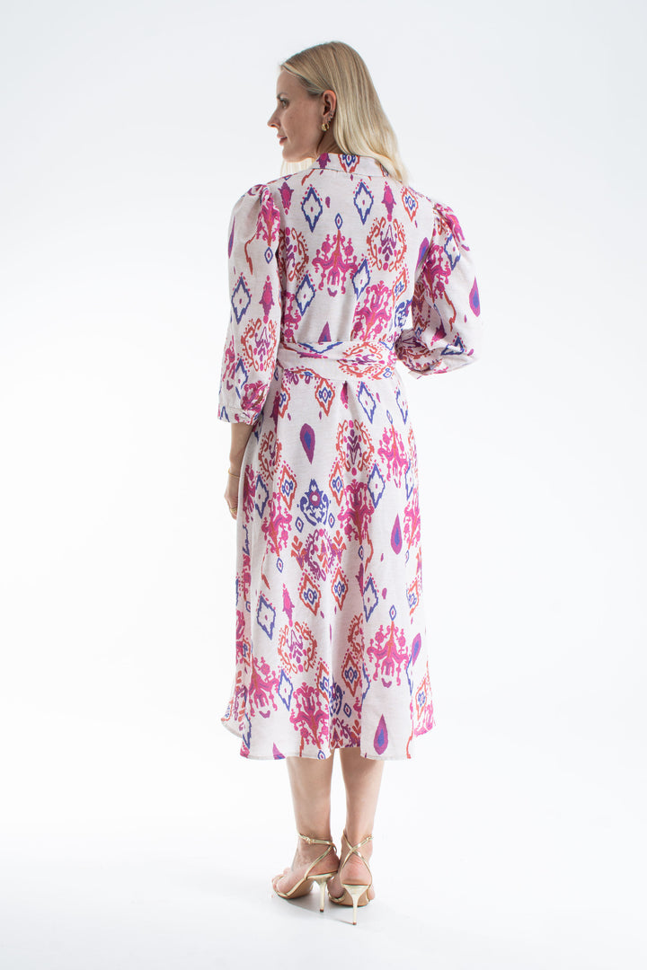 Women’s Linen Blend Ornamental Print Midi Shirt Dress - Lilac