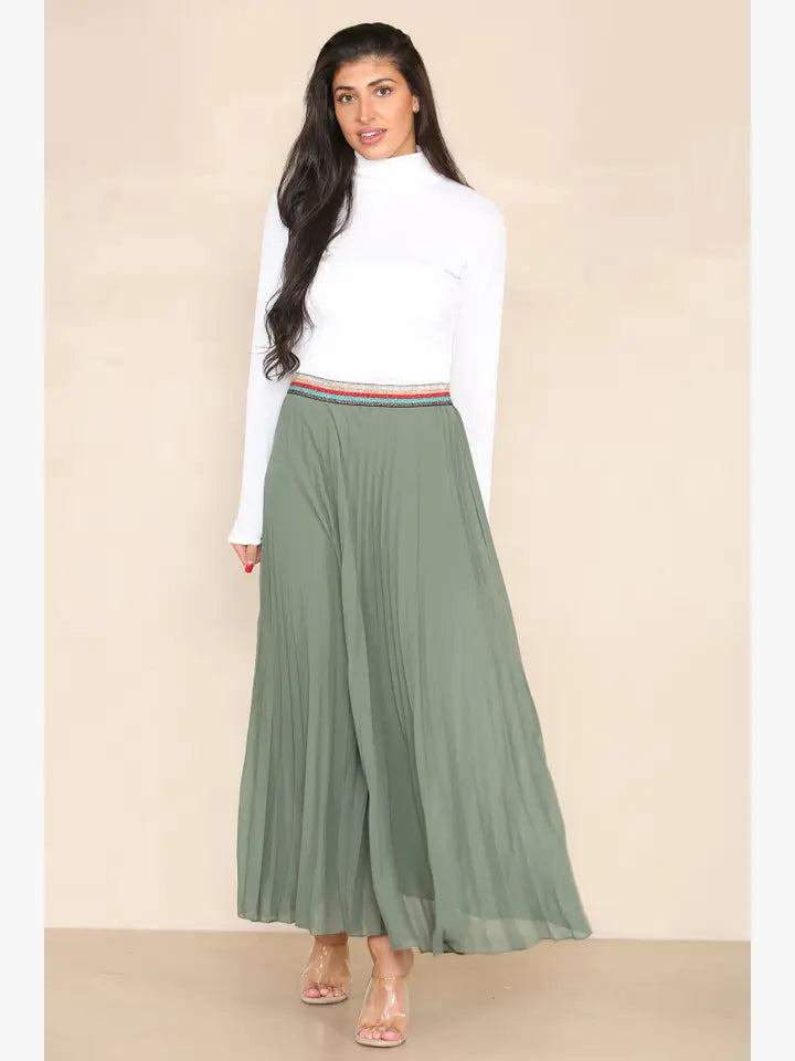 Pleated MAXI Skirt with Rainbow Elasticated Waistband - jqwholesale.com