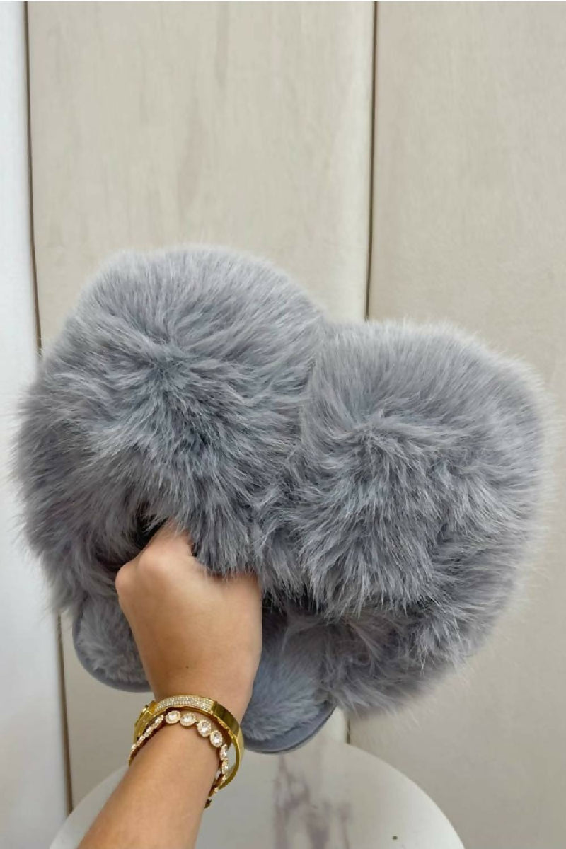 Grey faux fur slippers wholesale UK