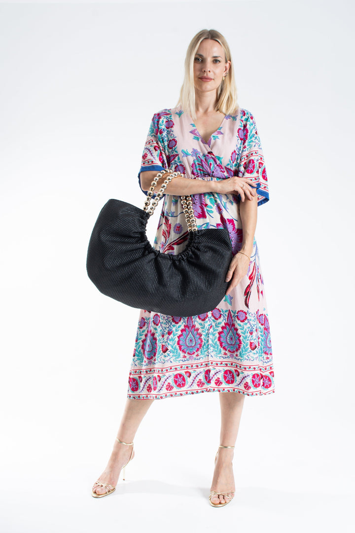 Woven PU Leather Slouchy Tote with Beaded Strap 2PCS Set - Black