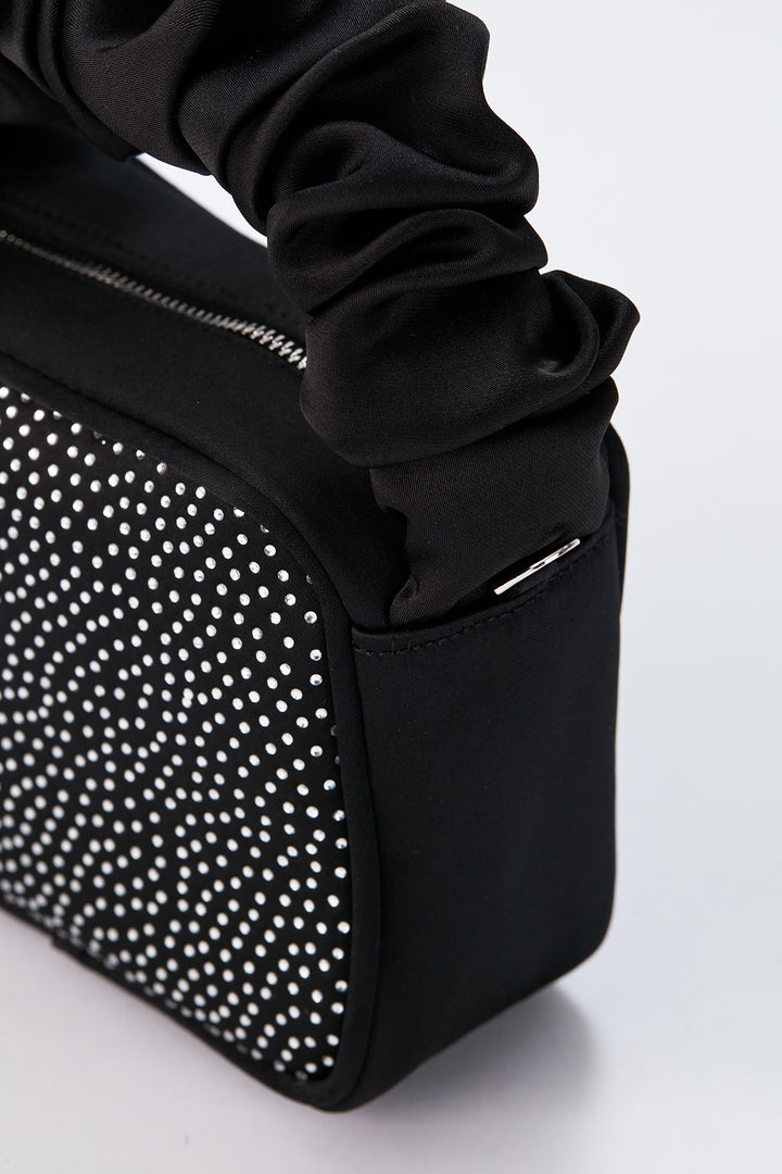 Diamente Evening Bag with Detachable Crossbody Strap - Black
