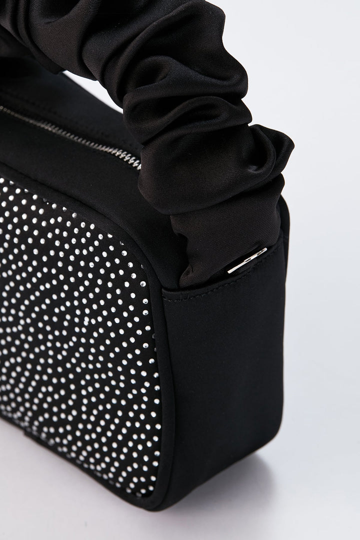 Diamente Evening Bag with Detachable Crossbody Strap - Black