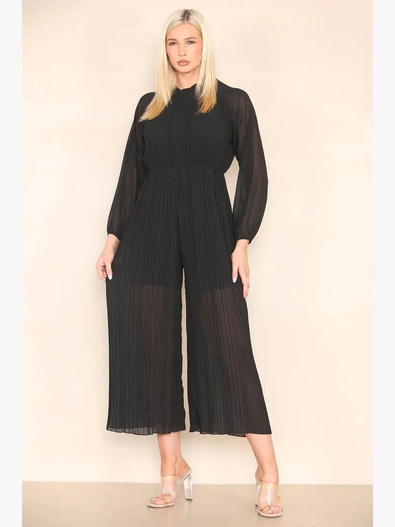 High Neck Pleated Jumpsuit with Open Bow Back - jqwholesale.com