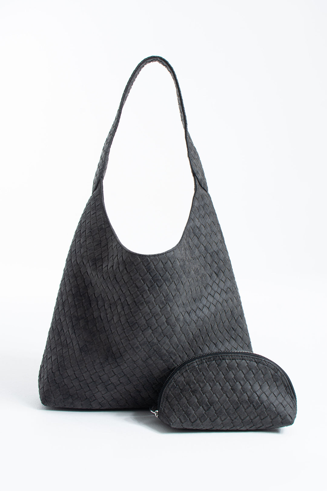 Woven Suede Slouchy Tote Bag with Matching Zipper Pouch 2PCS Set - Black