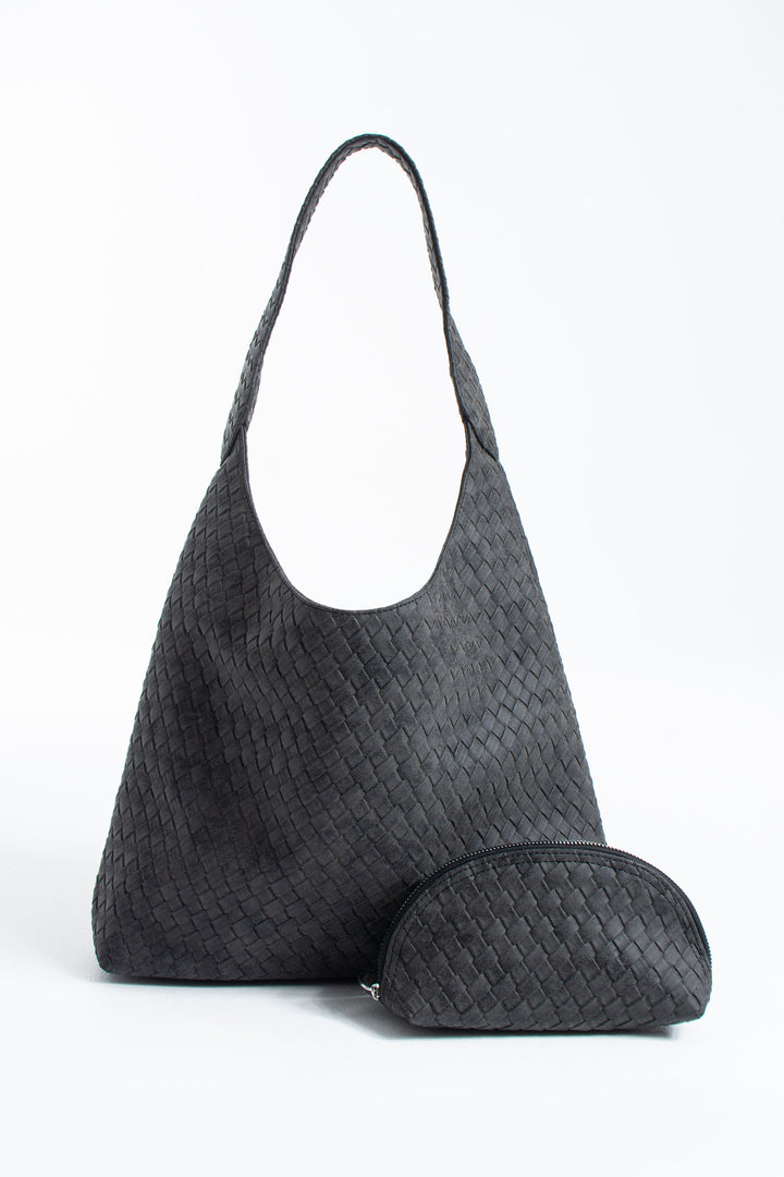 Woven Suede Slouchy Tote Bag with Matching Zipper Pouch 2PCS Set - Black