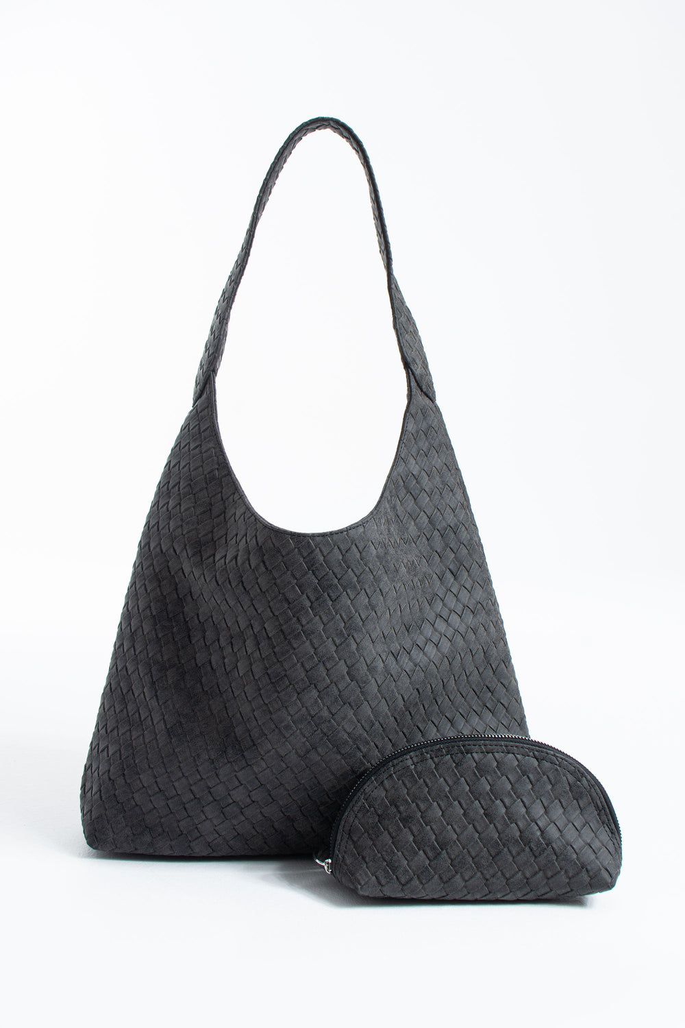 Woven Suede Slouchy Tote Bag with Matching Zipper Pouch 2PCS Set - Black