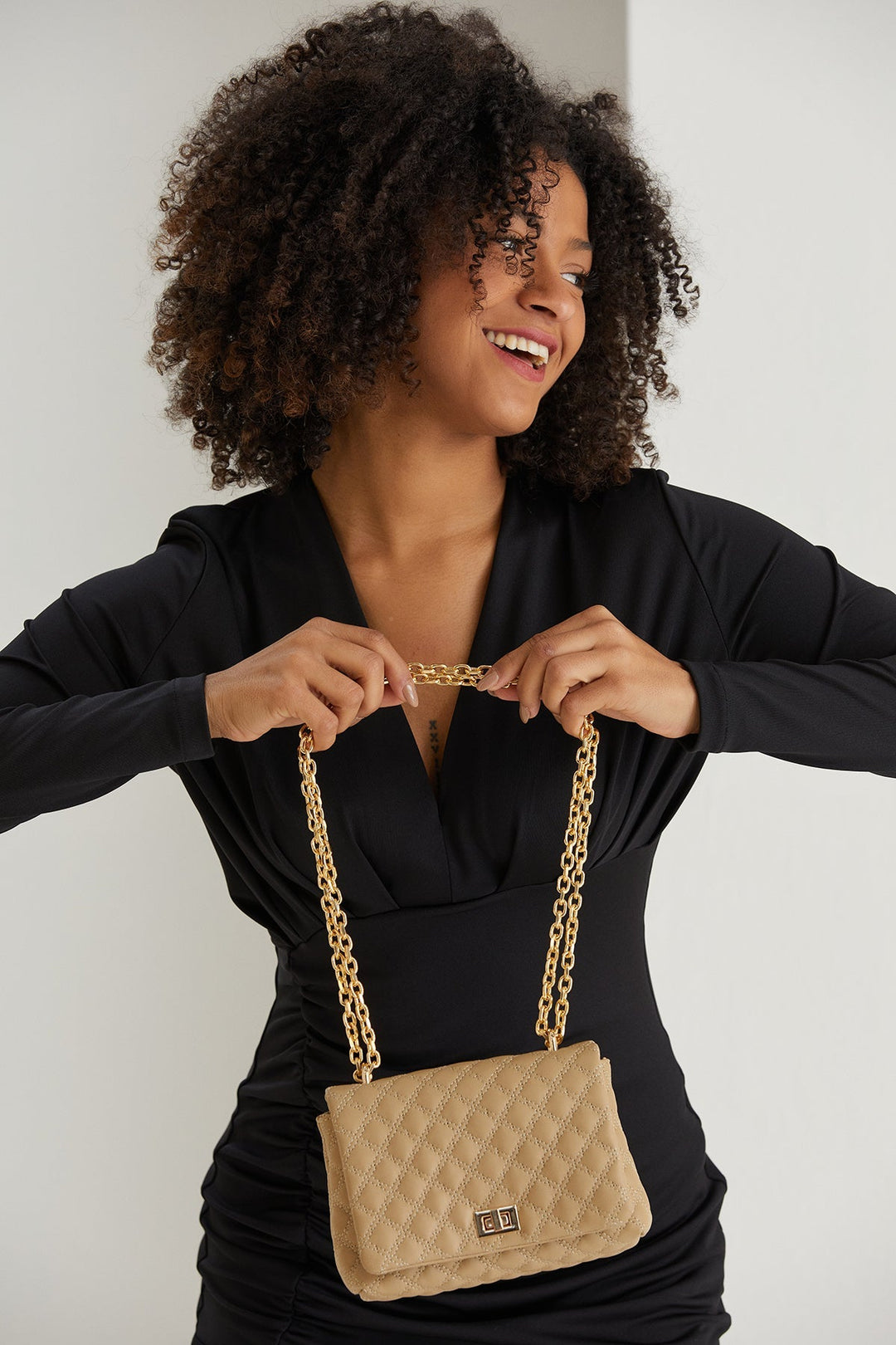 Quilted Plant Based Leather Crossbody & Shoulder Bag - Nude