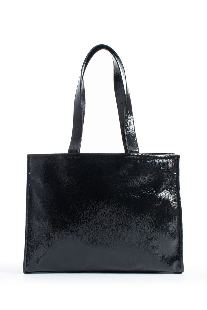 Crinkle Patent Tote Shoulder Bag - Black