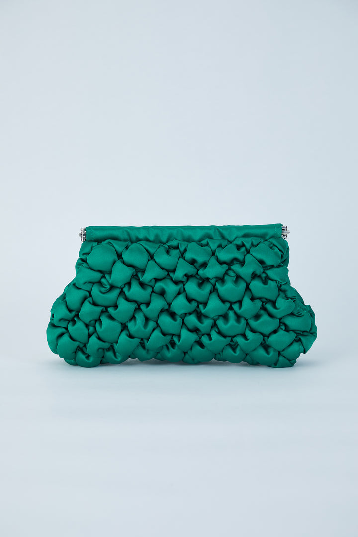 Puffy Quilted Satin Clucth Bag with Detachable Crossbody Strap - Green