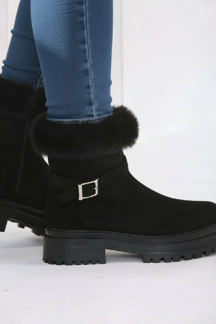 Black Faux Fur Collar Buckle Ankle Boot (PACK OF 12 PAIRS UK3-UK8) - jqwholesale.com