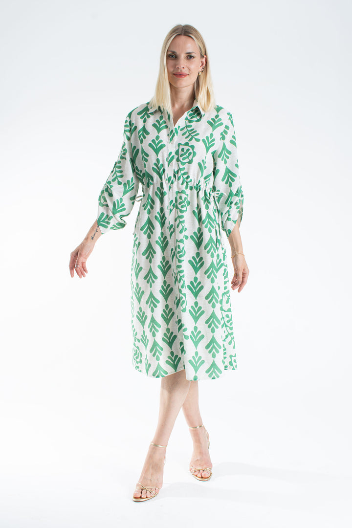 Women’s Linen Blend Leaf Print Midi Shirt Dress - Green